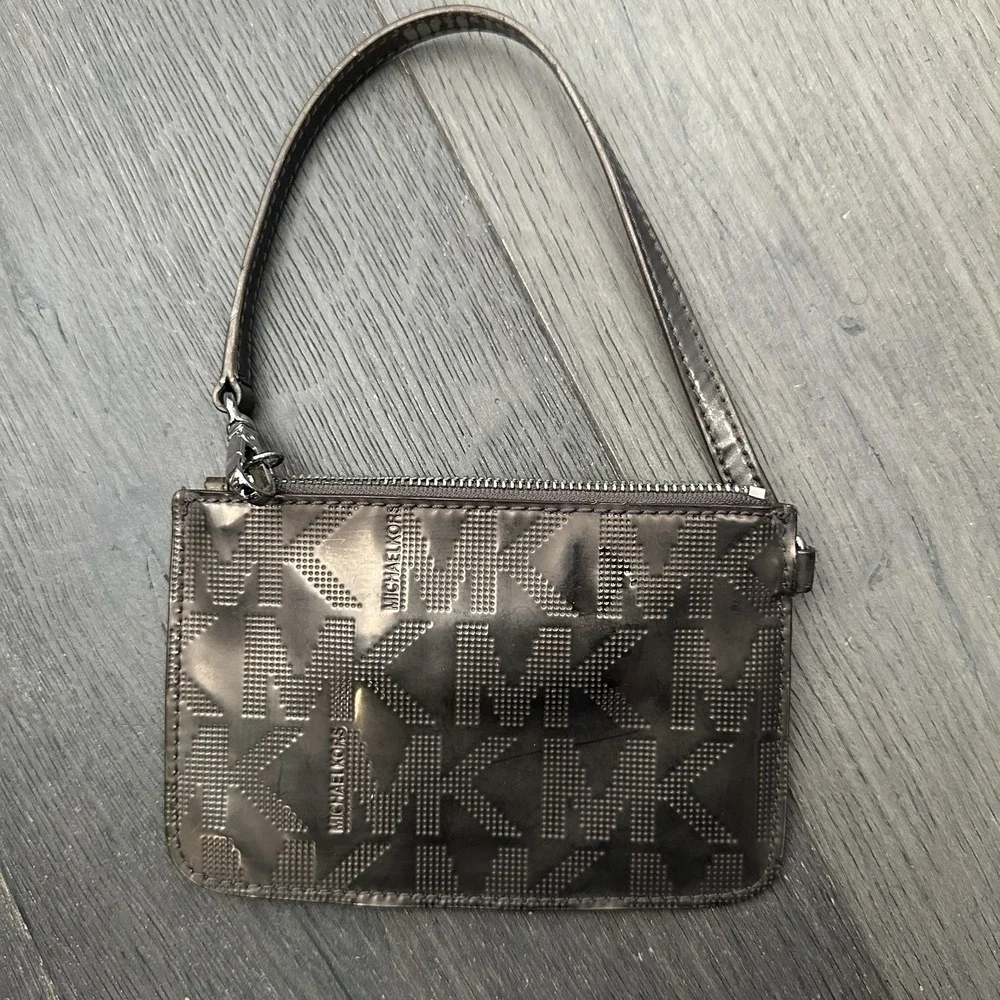 VTG Michael Kors Y2K Clutch Wristlet Bag Mini Bronze PVC MK Zip Detachable Strap